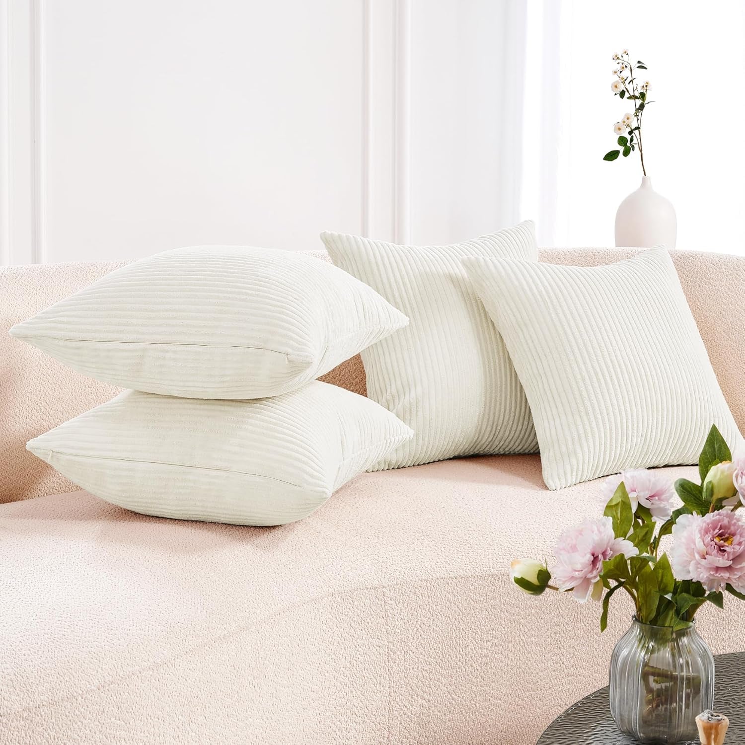 Modern Corduroy Throw Pillow Covers Set of 4 – Elegant Soft Cushion Covers, Machine Washable Home Decor for Living Room, Sofa, Bedroom | Cream White, 16X16 Inch