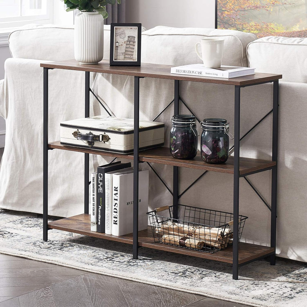 Entryway/Console Table for Living Room, Industrial Narrow Sofa Table with 3-Tier Storage Open Shelves, 39 Inch Rustic Brown