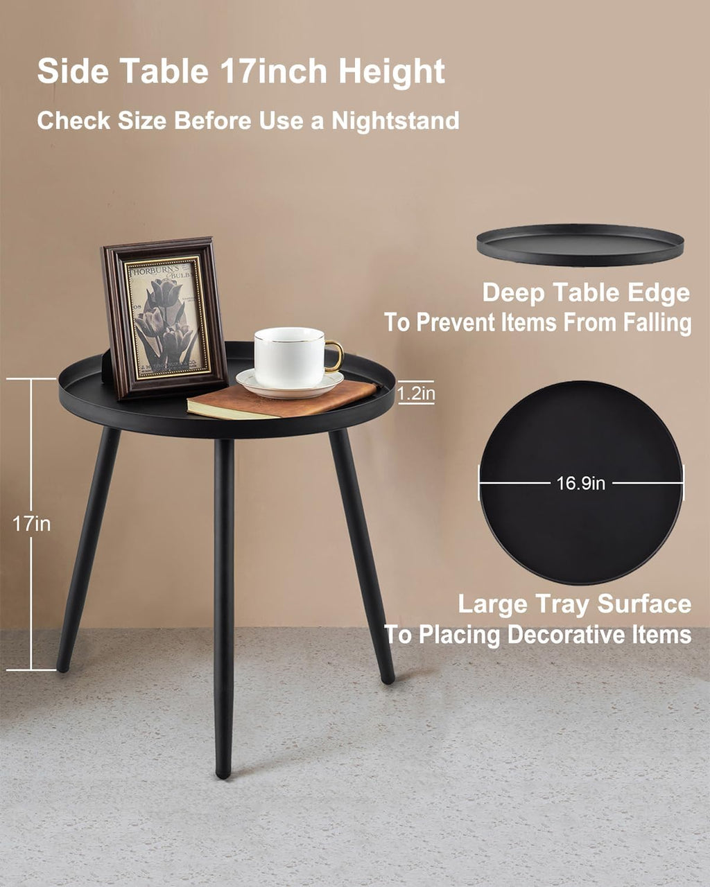 Side Table: End Table for Indoor Use - Small Side Tables for Small Spaces All Matte Black with 3 Legged
