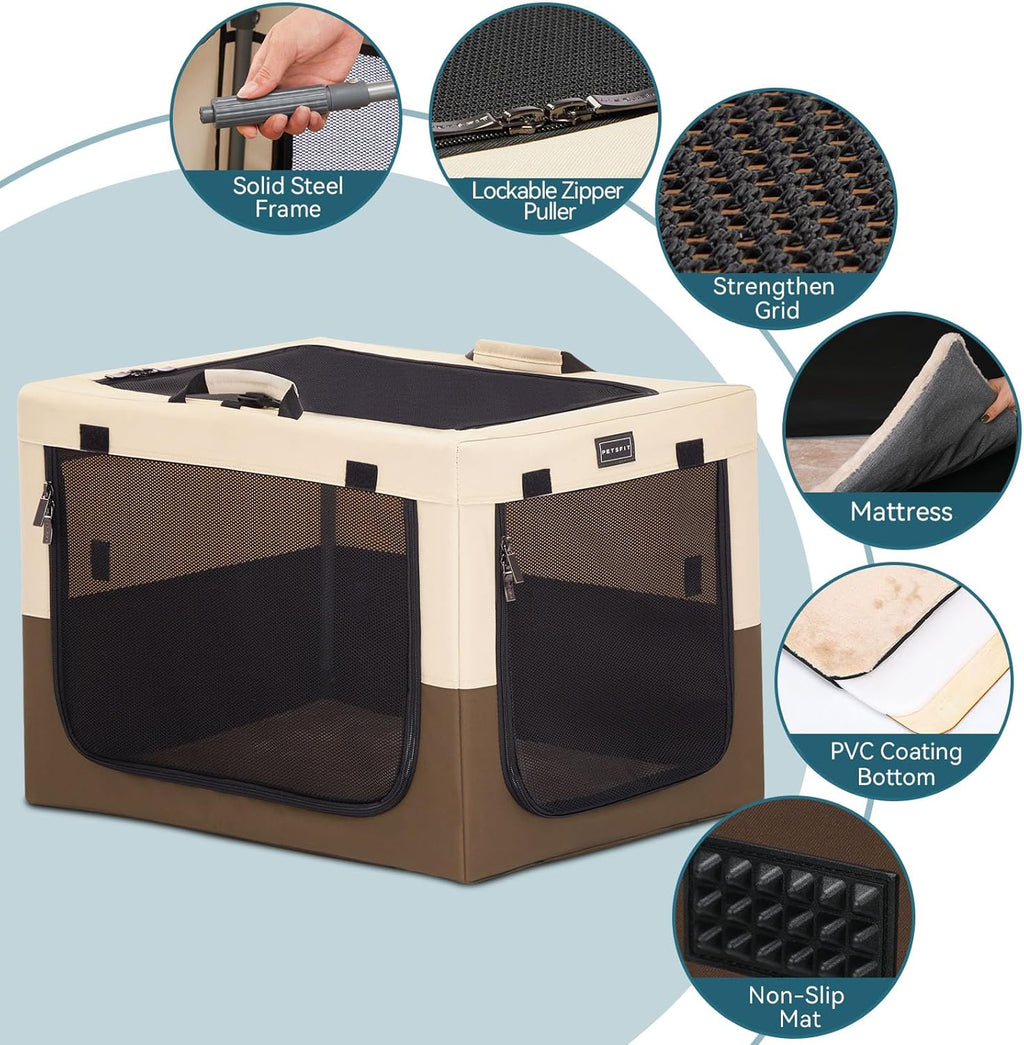 Portable Dog Crate for Small Dogs, – 24" Soft Dog Travel Crates with Lockable Zippers & Thicken Mat, Adjustable Patented Spiral Steel Frame, Collapsible Kennel for Indoor & Outdoor
