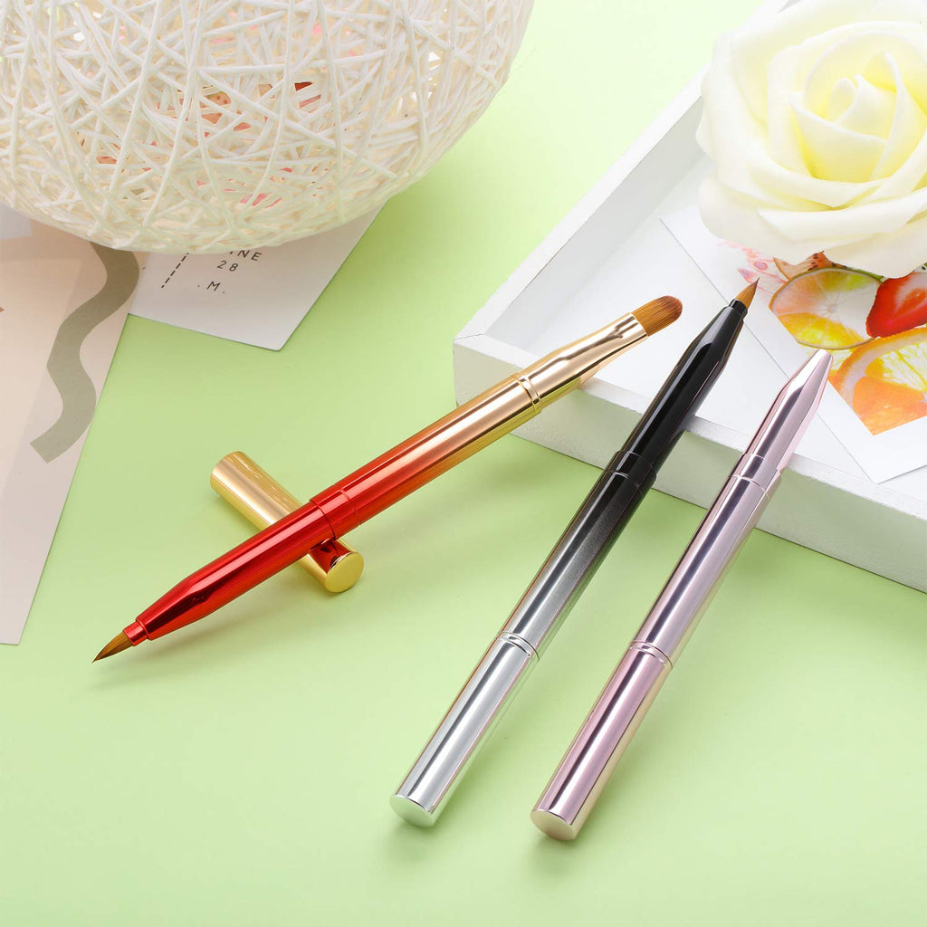 3 Pack Retractable Lip Brush for Lipstick with Cap Dual-Ended Liner Foundation Makeup Brush Sets Travel Applicators(Gradient Black, Gradient Red, Bright Pink)
