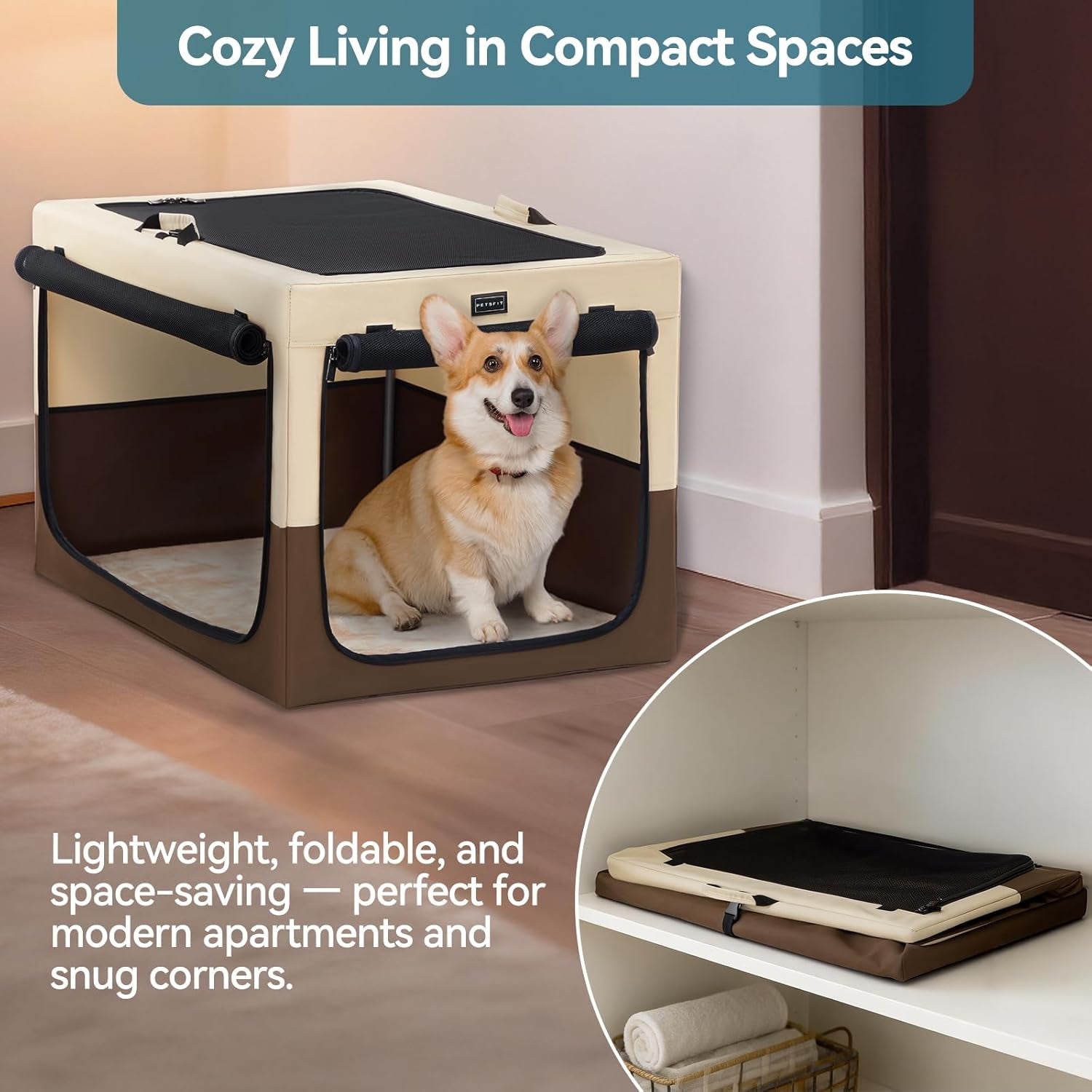 Portable Dog Crate for Small Dogs, – 24" Soft Dog Travel Crates with Lockable Zippers & Thicken Mat, Adjustable Patented Spiral Steel Frame, Collapsible Kennel for Indoor & Outdoor