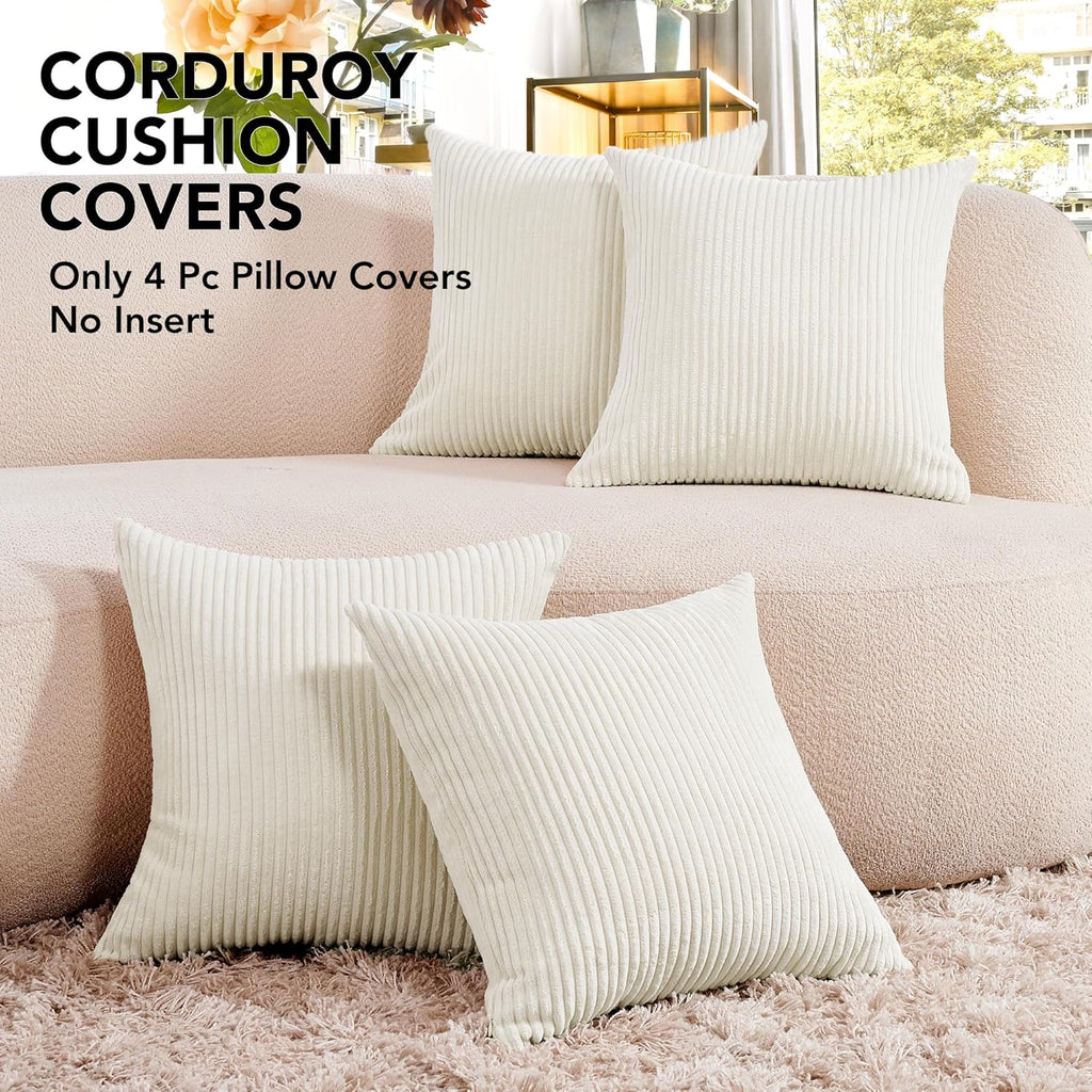 Modern Corduroy Throw Pillow Covers Set of 4 – Elegant Soft Cushion Covers, Machine Washable Home Decor for Living Room, Sofa, Bedroom | Cream White, 16X16 Inch
